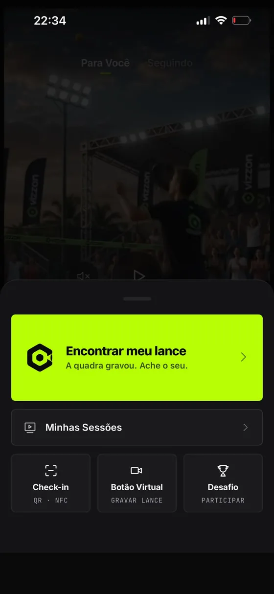 Tela inicial do app, com atalhos para Encontrar meu lance, Check-in, Botão Virtual e Desafio.